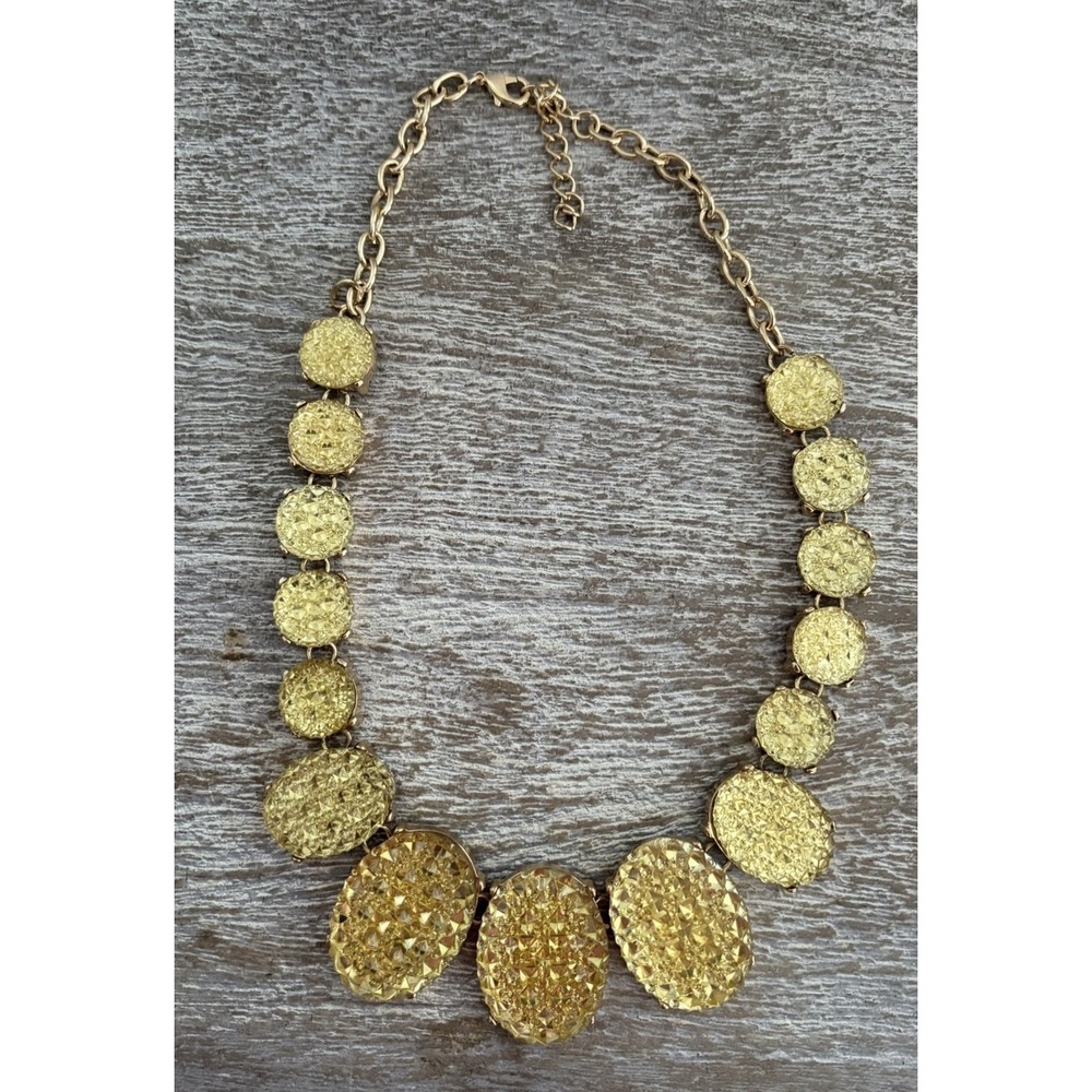 Gold Tone Rhinestone Pave Disc Station Chunky Necklace Statement Bib Chain